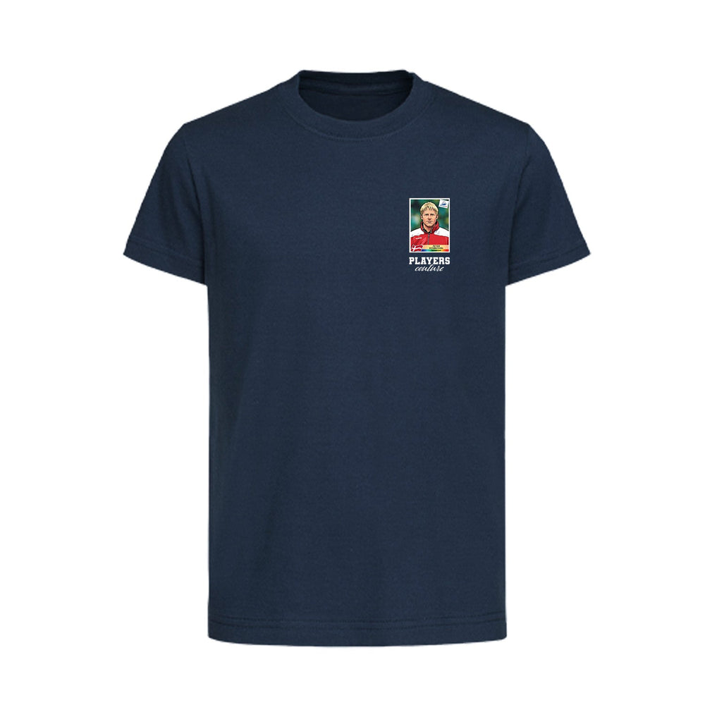 Peter Schmeichel World Cup Sticker Kids T-Shirt – peter schmeichel sticker kids navy tshirt Players Couture design