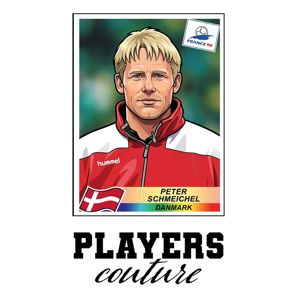 Peter Schmeichel World Cup Sticker Men's T-Shirt – white close-up detail shot of the Peter Schmeichel Players Couture logo