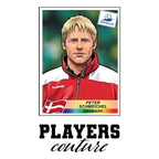 Peter Schmeichel World Cup Sticker Men's T-Shirt – white close-up detail shot of the Peter Schmeichel Players Couture logo
