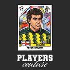 Peter Shilton World Cup Sticker Men's T-Shirt – black close-up detail shot of the Peter Shilton World Cup Players Couture