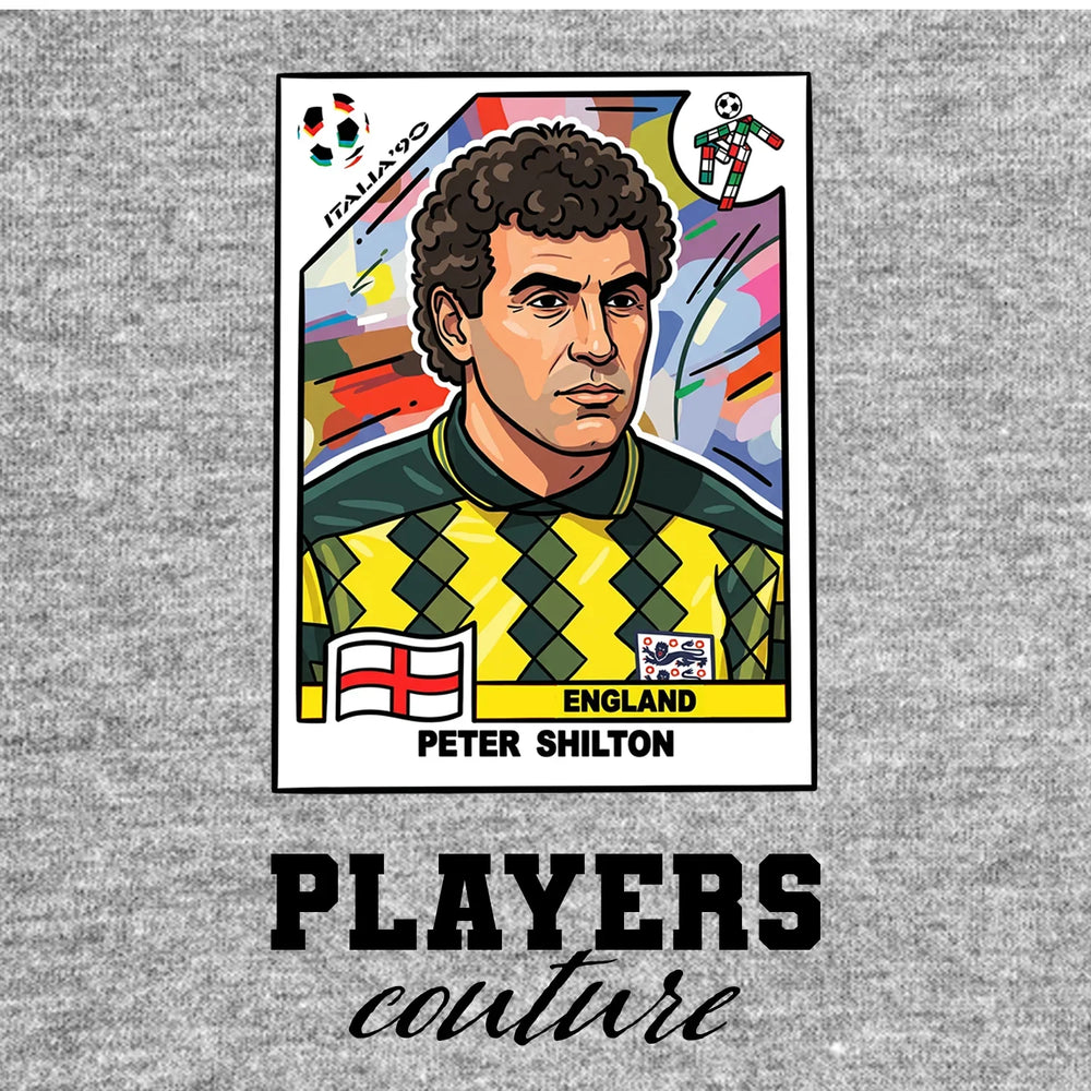 Peter Shilton World Cup Sticker Men's T-Shirt – grey close-up detail shot of the Peter Shilton World Cup Players Couture