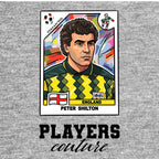 Peter Shilton World Cup Sticker Men's T-Shirt – grey close-up detail shot of the Peter Shilton World Cup Players Couture