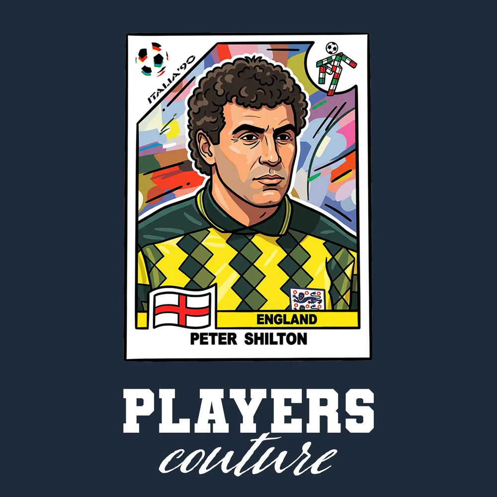 Peter Shilton World Cup Sticker Men's T-Shirt – navy close-up detail shot of the Peter Shilton World Cup Players Couture