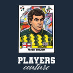 Peter Shilton World Cup Sticker Men's T-Shirt – navy close-up detail shot of the Peter Shilton World Cup Players Couture