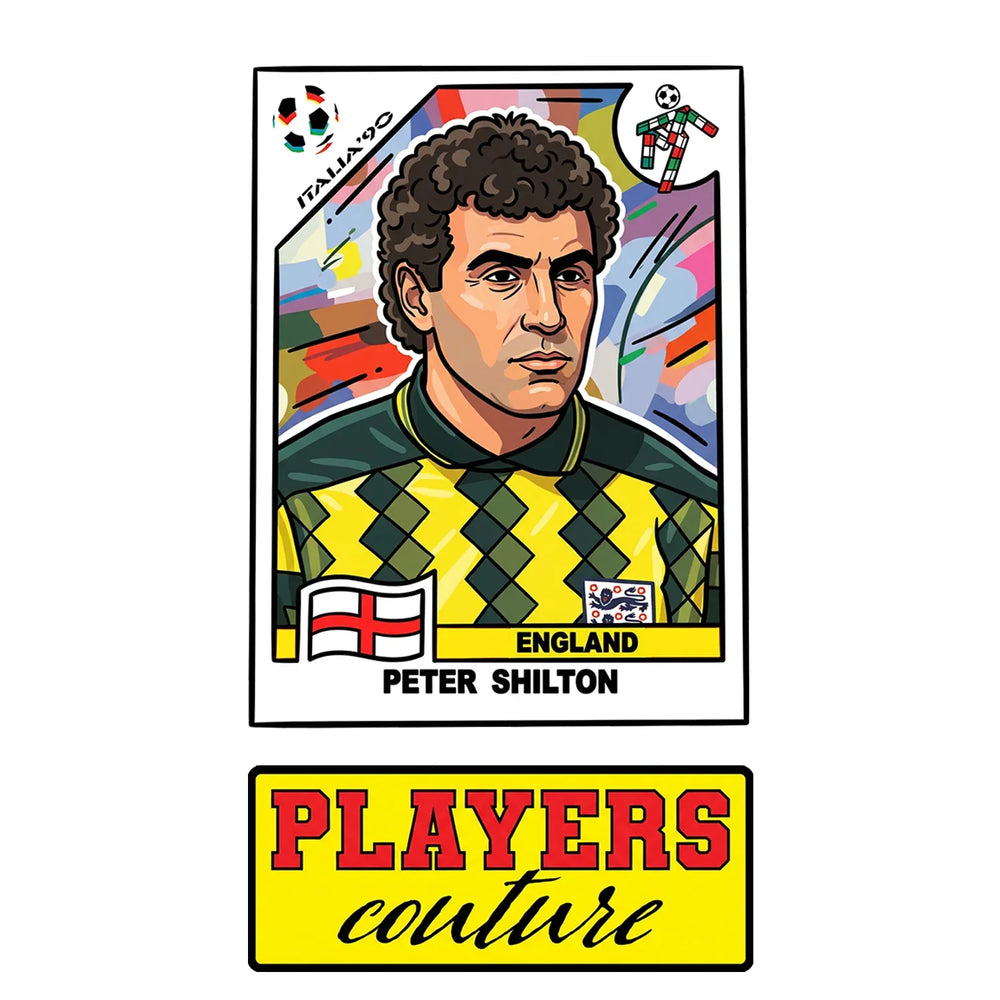Peter Shilton World Cup Sticker Men's T-Shirt – close-up detail shot of the Peter Shilton World Cup Players Couture logo