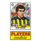 Peter Shilton World Cup Sticker Men's T-Shirt – close-up detail shot of the Peter Shilton World Cup Players Couture logo