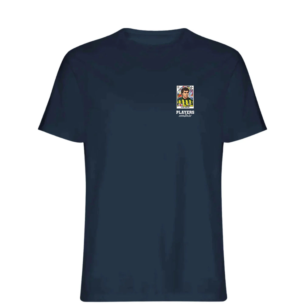 Peter Shilton World Cup t-shirt – navy men's t-shirt featuring the Peter Shilton World Cup Players Couture logo