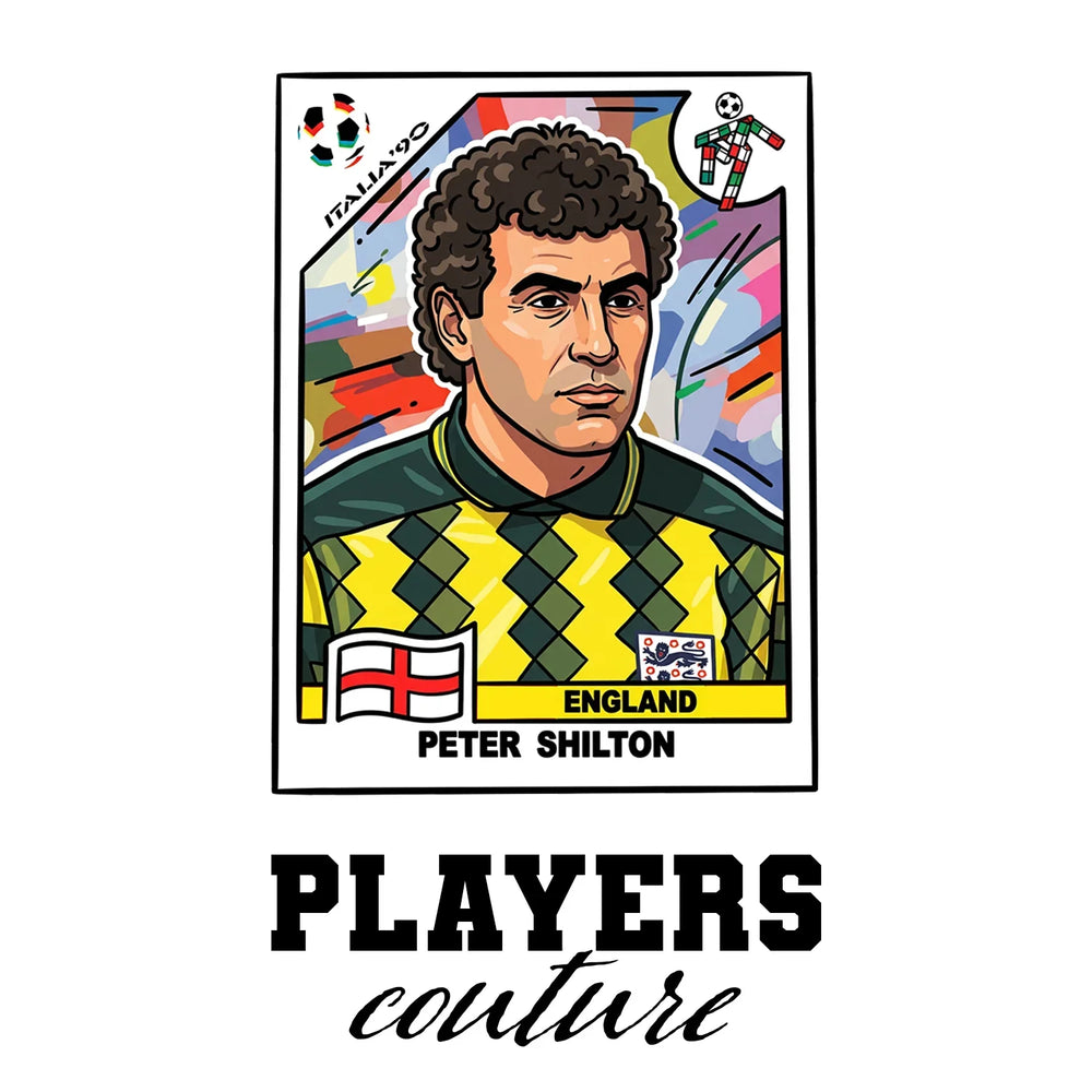 Peter Shilton World Cup Sticker Men's T-Shirt – white close-up detail shot of the Peter Shilton Players Couture logo design