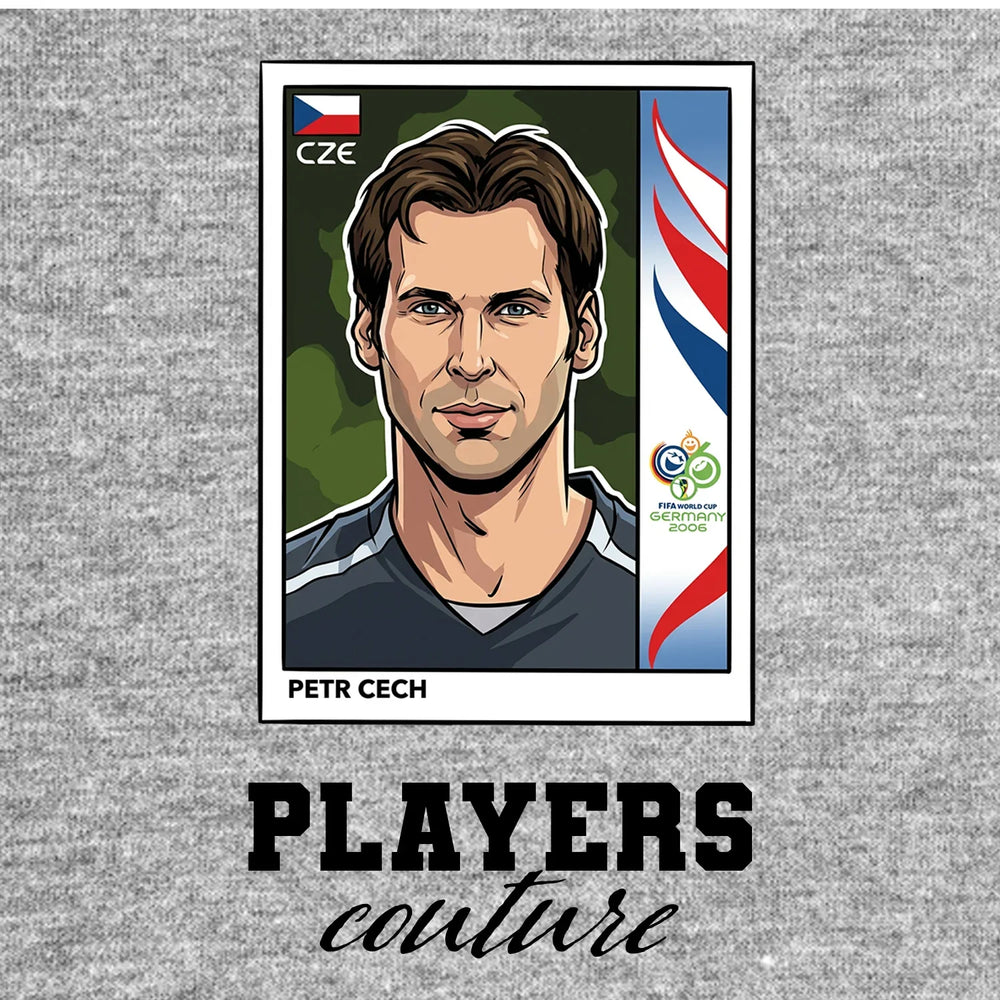 Petr Cech World Cup Sticker Men's T-Shirt – grey close-up detail shot of the Petr Cech World Cup Players Couture logo design