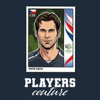 Petr Cech World Cup Sticker Men's T-Shirt – navy close-up detail shot of the Petr Cech World Cup Players Couture logo design