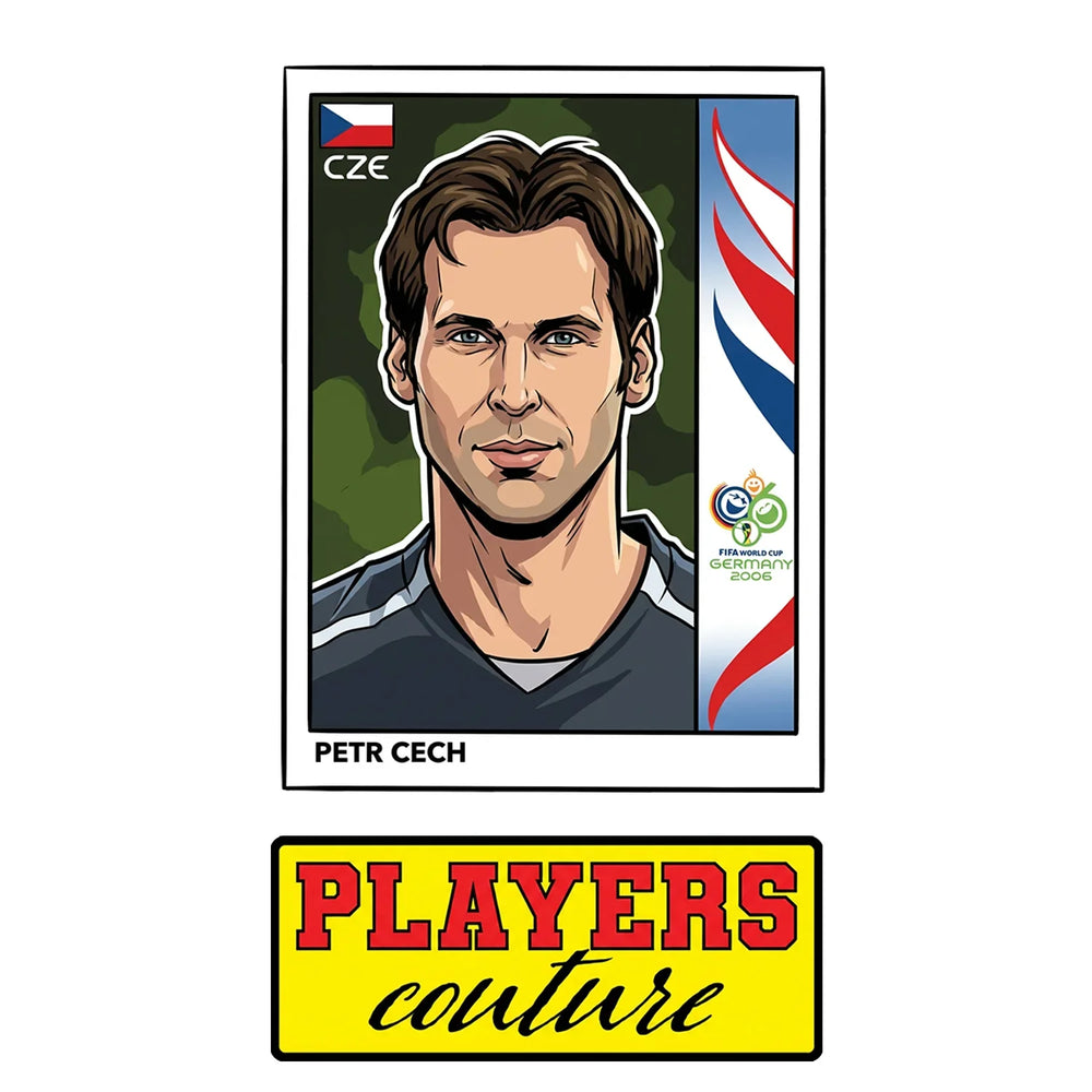 Petr Cech World Cup Sticker Men's T-Shirt – close-up detail shot of the Petr Cech World Cup Players Couture logo design