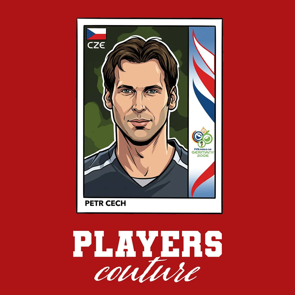 Petr Cech World Cup Sticker Men's T-Shirt – red close-up detail shot of the Petr Cech World Cup Players Couture logo design