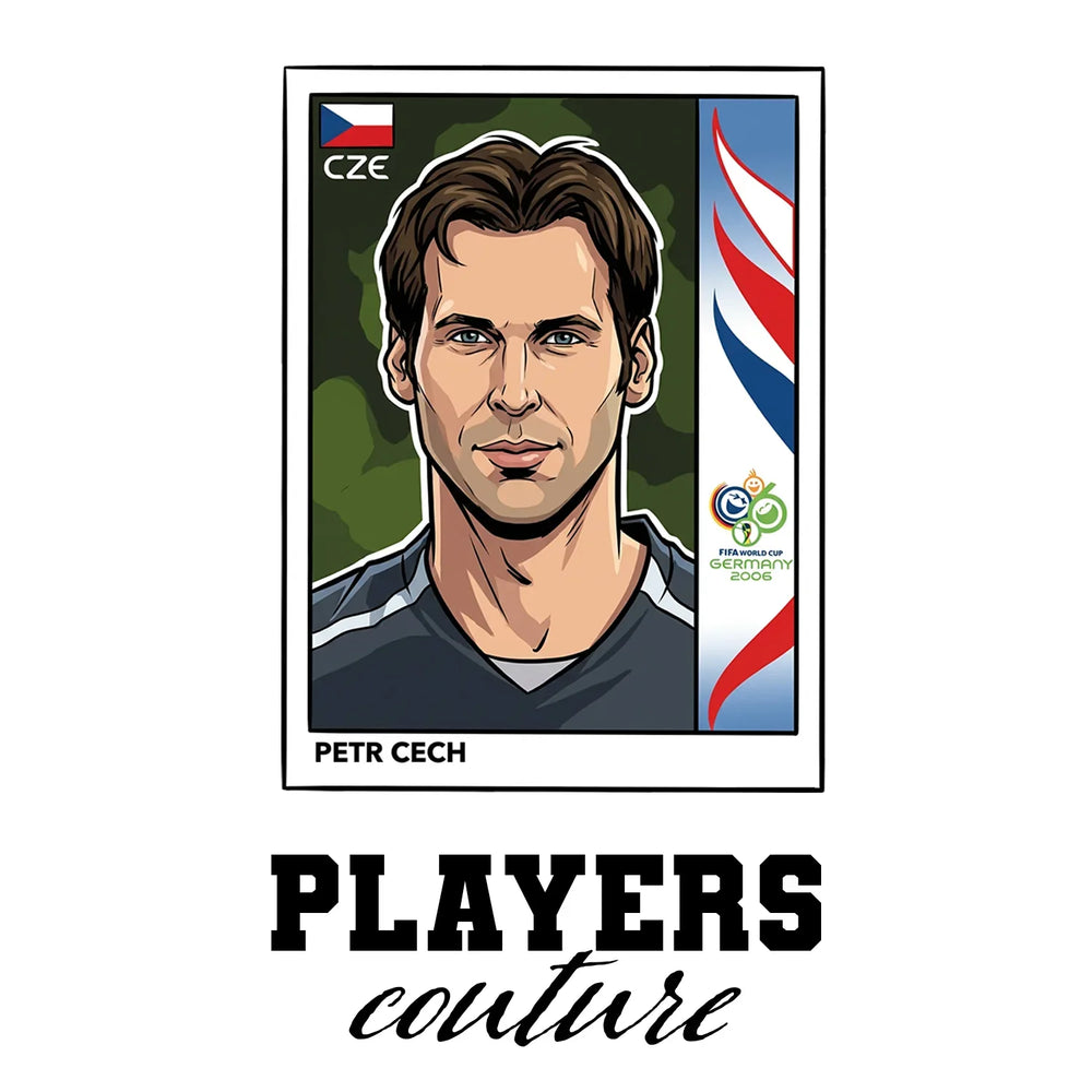 Petr Cech World Cup Sticker Men's T-Shirt – white close-up detail shot of the Petr Cech Players Couture logo design