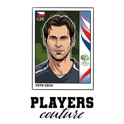 Petr Cech World Cup Sticker Men's T-Shirt – white close-up detail shot of the Petr Cech Players Couture logo design