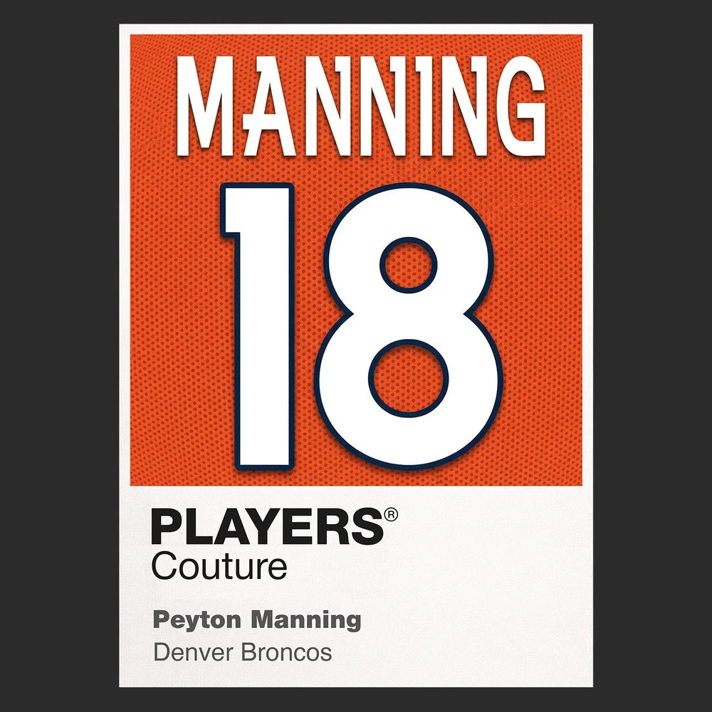 Peyton Manning 18 Jersey Frame Men's T-Shirt – black close-up detail shot of the Peyton Manning 18 Players Couture logo