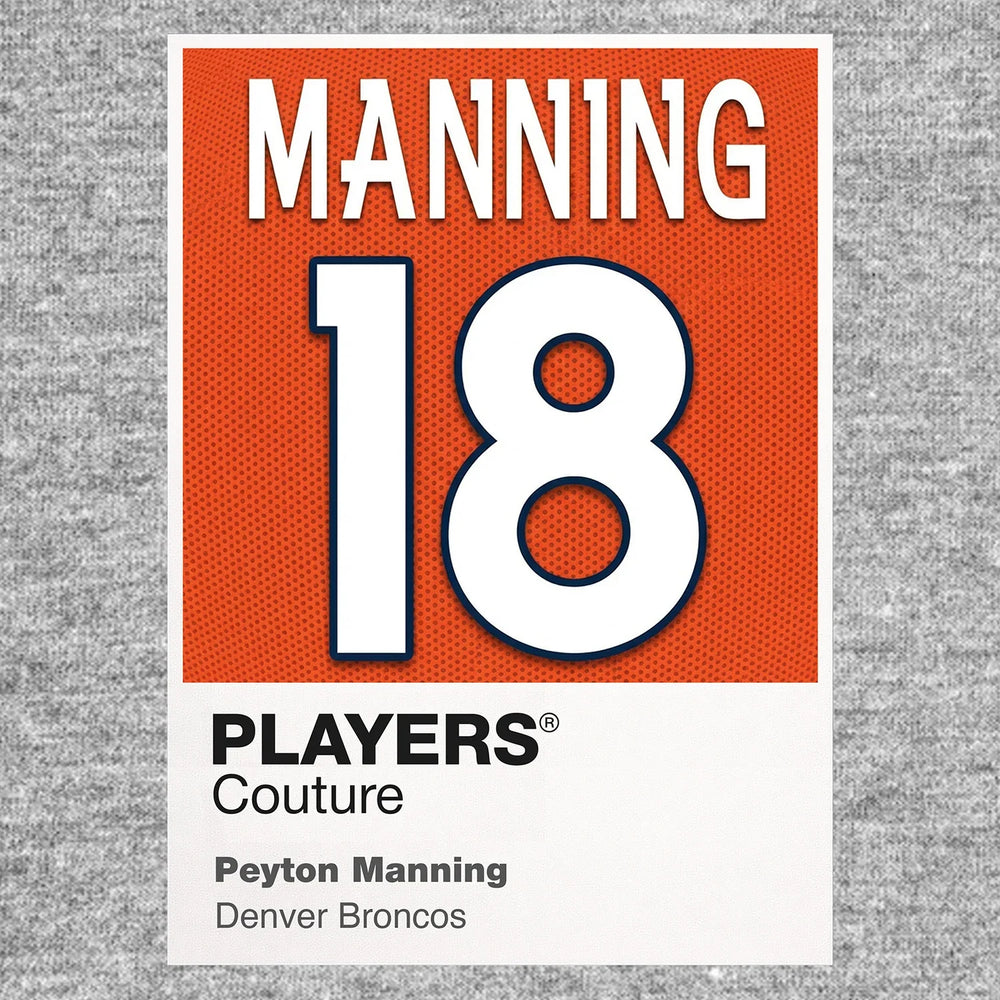 Peyton Manning 18 Jersey Frame Men's T-Shirt – grey close-up detail shot of the Peyton Manning 18 Players Couture logo design