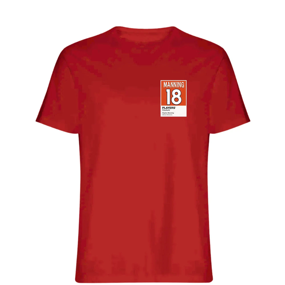 Peyton Manning 18 t-shirt – red men's t-shirt featuring the Peyton Manning 18 Players Couture logo