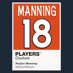 Peyton Manning 18 Jersey Frame Men's T-Shirt – navy close-up detail shot of the Peyton Manning 18 Players Couture logo design