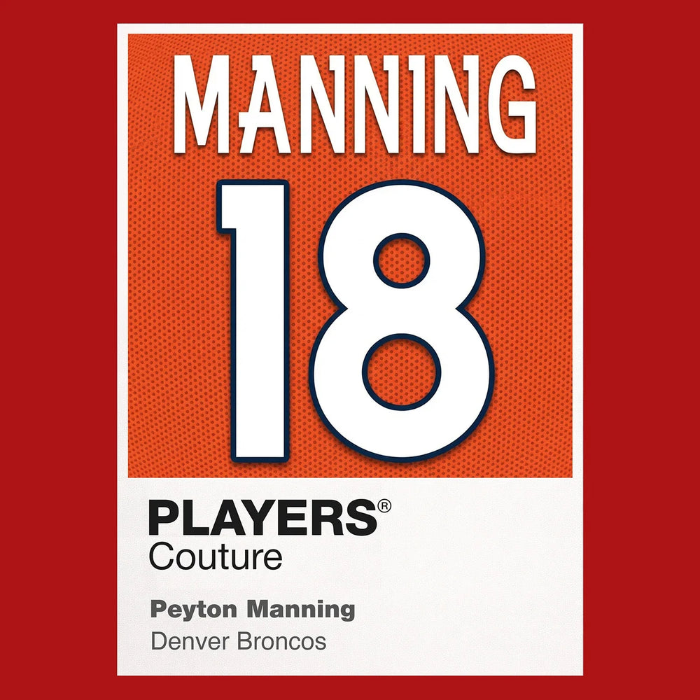 Peyton Manning 18 Jersey Frame Men's T-Shirt – red close-up detail shot of the Peyton Manning 18 Players Couture logo design