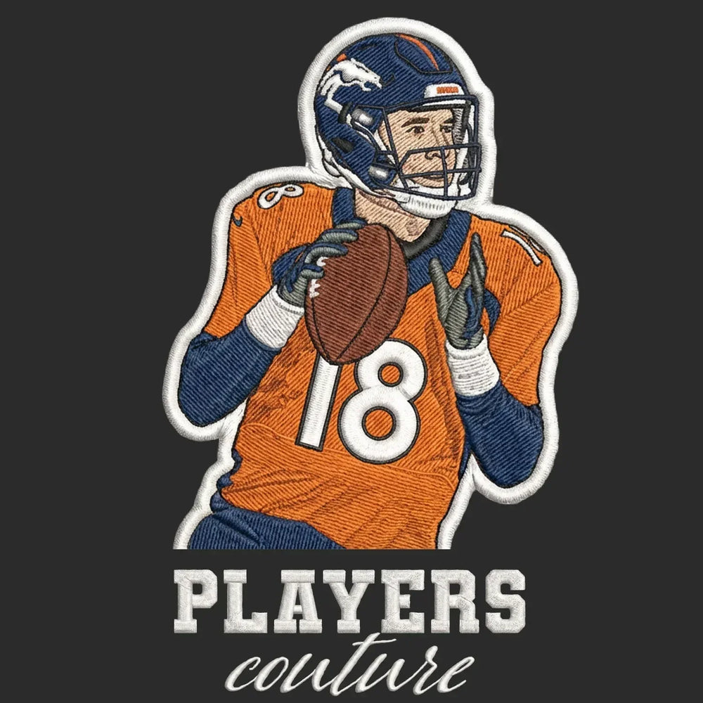 Peyton Manning Badge Men's Hoodie – black close-up detail shot of the Peyton Manning Players Couture logo design