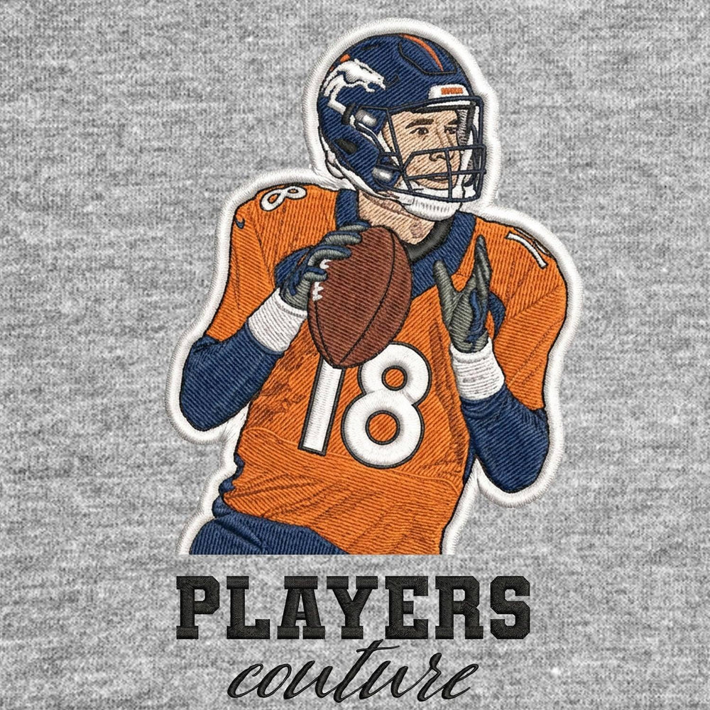 Peyton Manning Badge Men's Hoodie – grey close-up detail shot of the Peyton Manning Players Couture logo design