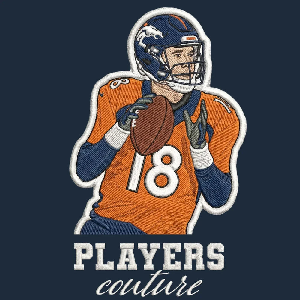 Peyton Manning Badge Men's Hoodie – navy close-up detail shot of the Peyton Manning Players Couture logo design