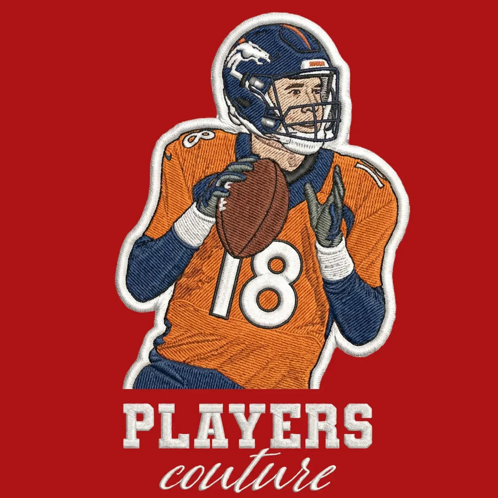 Peyton Manning Badge Men's Hoodie – red close-up detail shot of the Peyton Manning Players Couture logo design