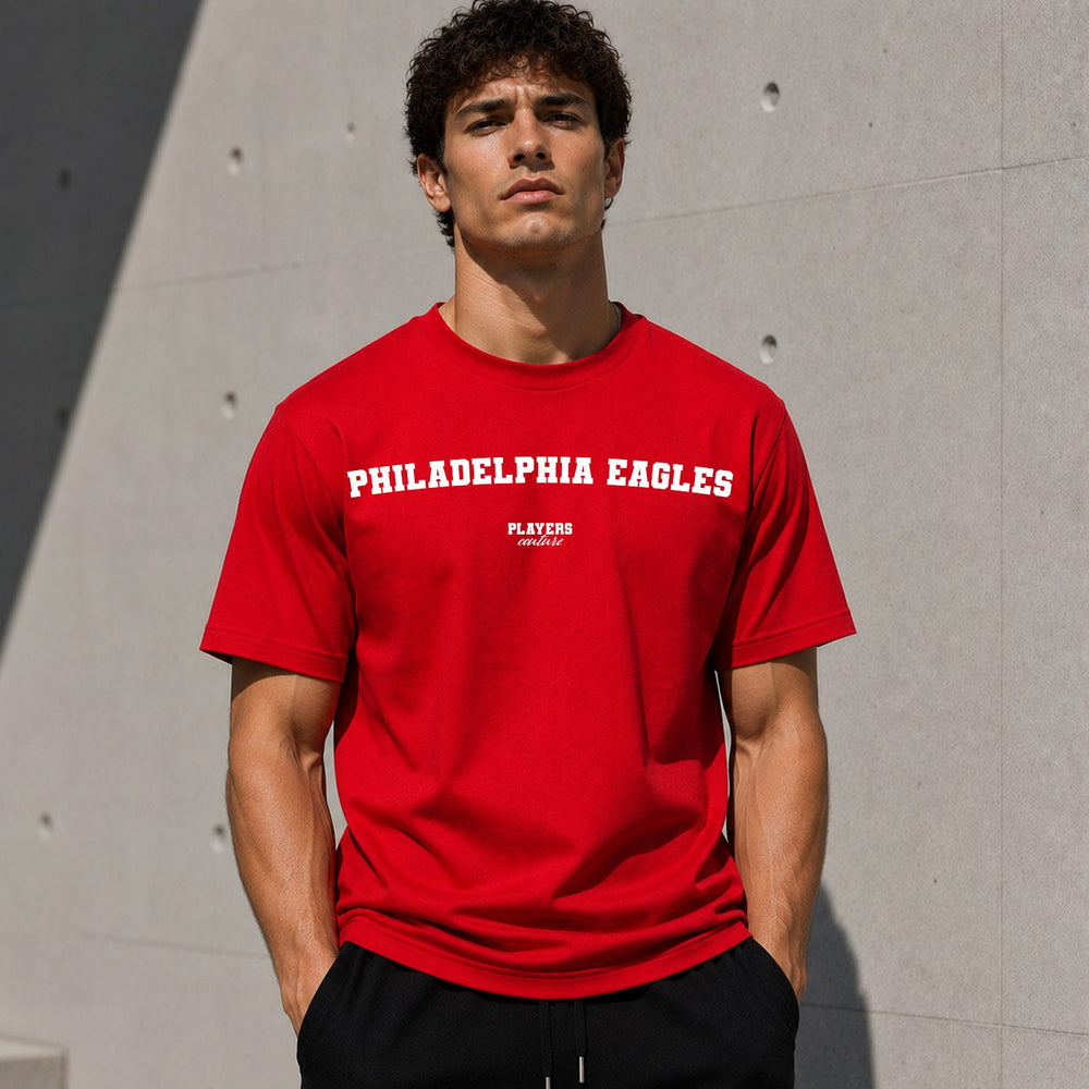 Philadelphia Eagles Men's T-Shirt — lifestyle photo, Red t-shirt
