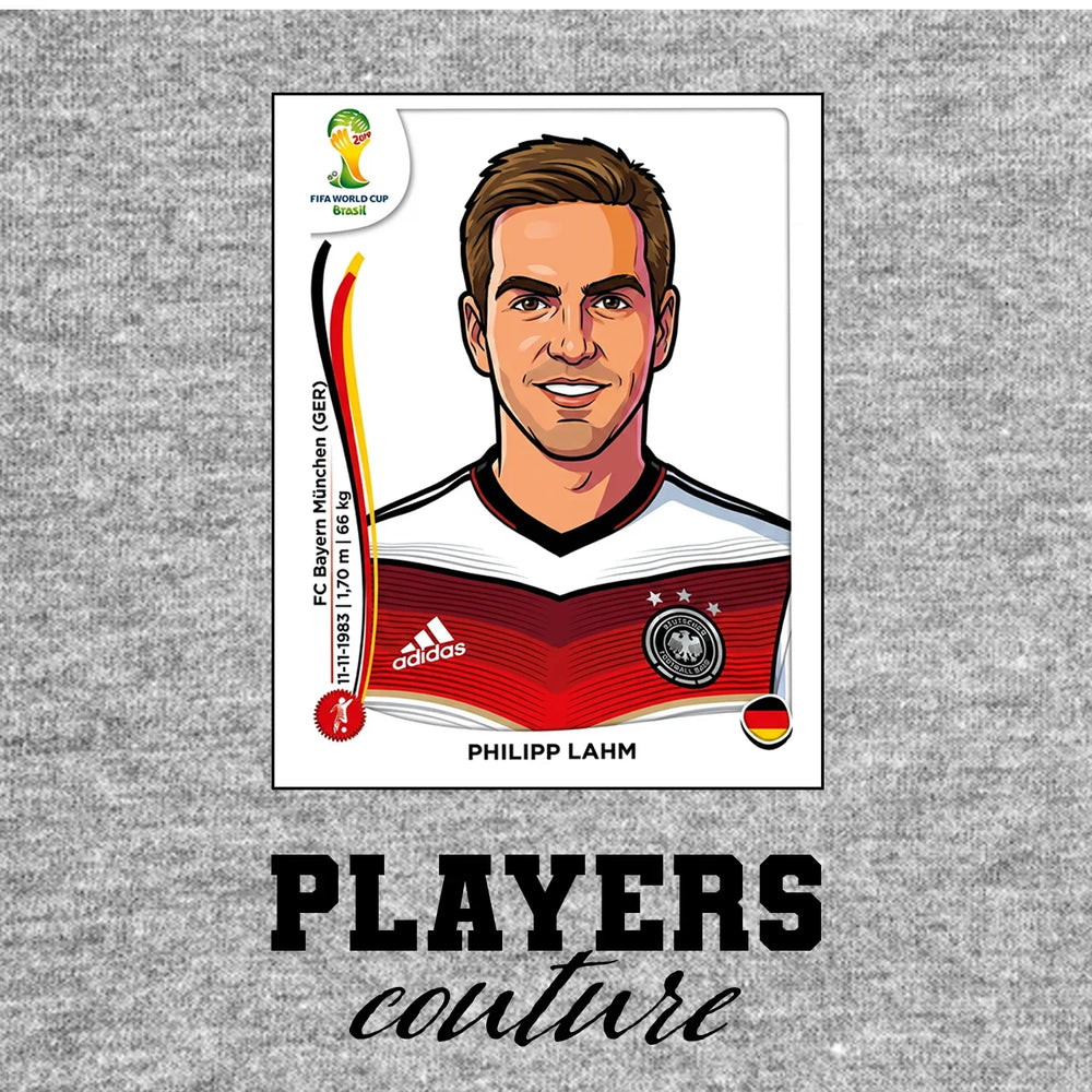 Philipp Lahm World Cup Sticker Men's T-Shirt – grey close-up detail shot of the Philipp Lahm World Cup Players Couture logo