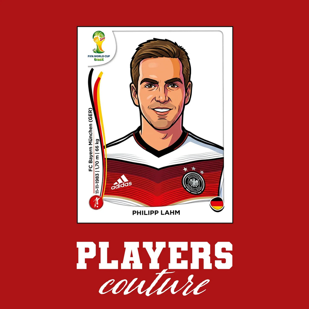 Philipp Lahm World Cup Sticker Men's T-Shirt – red close-up detail shot of the Philipp Lahm World Cup Players Couture logo