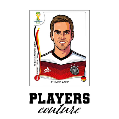 Philipp Lahm World Cup Sticker Men's T-Shirt – white close-up detail shot of the Philipp Lahm Players Couture logo design