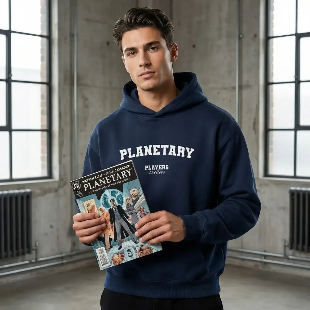 Planetary hoodie – navy men's hoodie with white Planetary letters and Players Couture logo on the chest