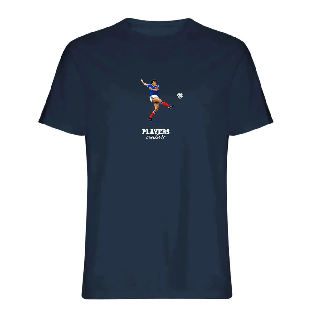 Michel Platini Icon t-shirt – navy men's t-shirt with white Michel Platini Icon letters and Players Couture logo on the chest