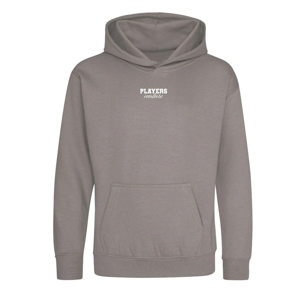 Essentials Collection hoodie – grey kids' hoodie with black Essentials Collection letters and Players Couture logo on the