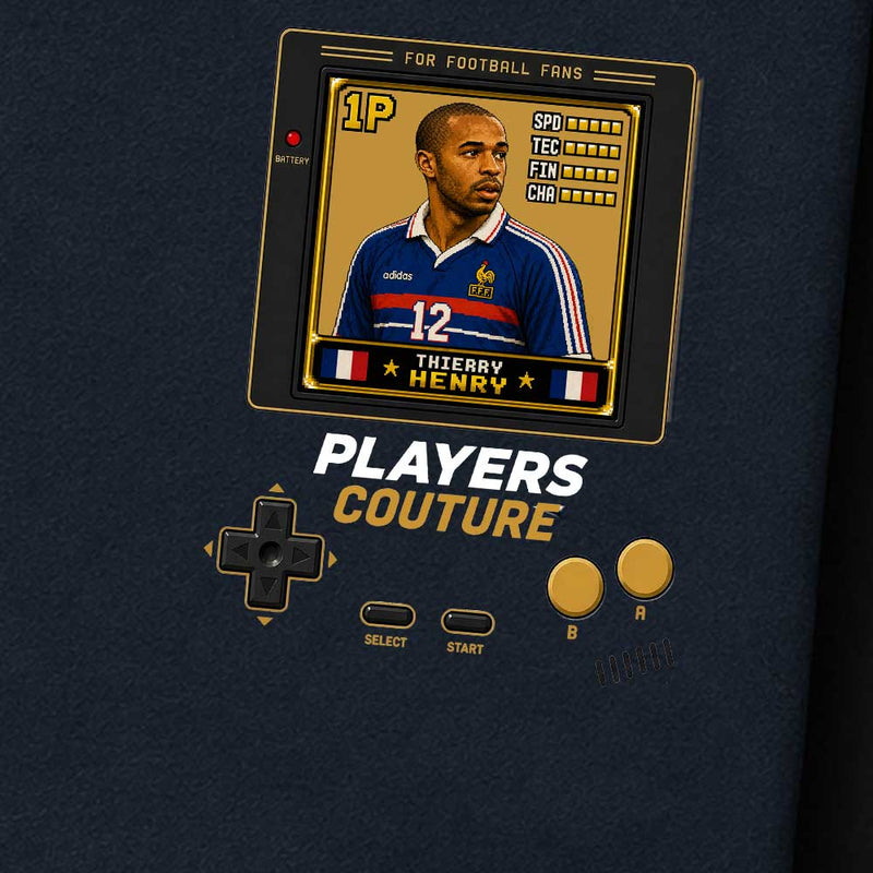 Navy blue shirt with a graphic of Thierry Henry footballer in a virtual game interface, featuring the text 'Players Couture'.
