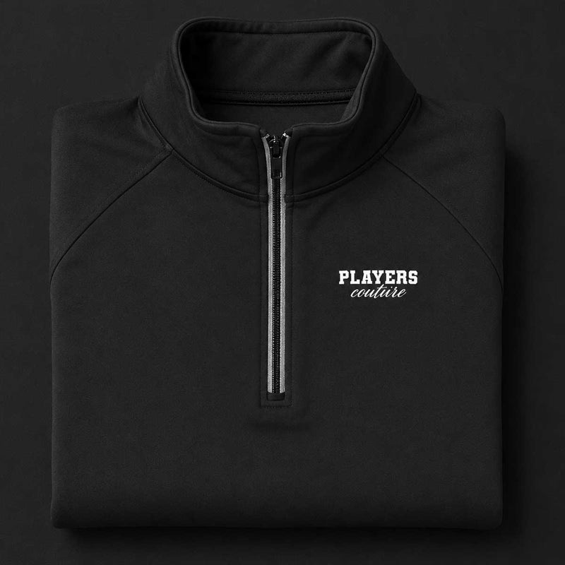 Black quarter-zip sweatshirt with 'PLAYERS couture' logo on a dark background