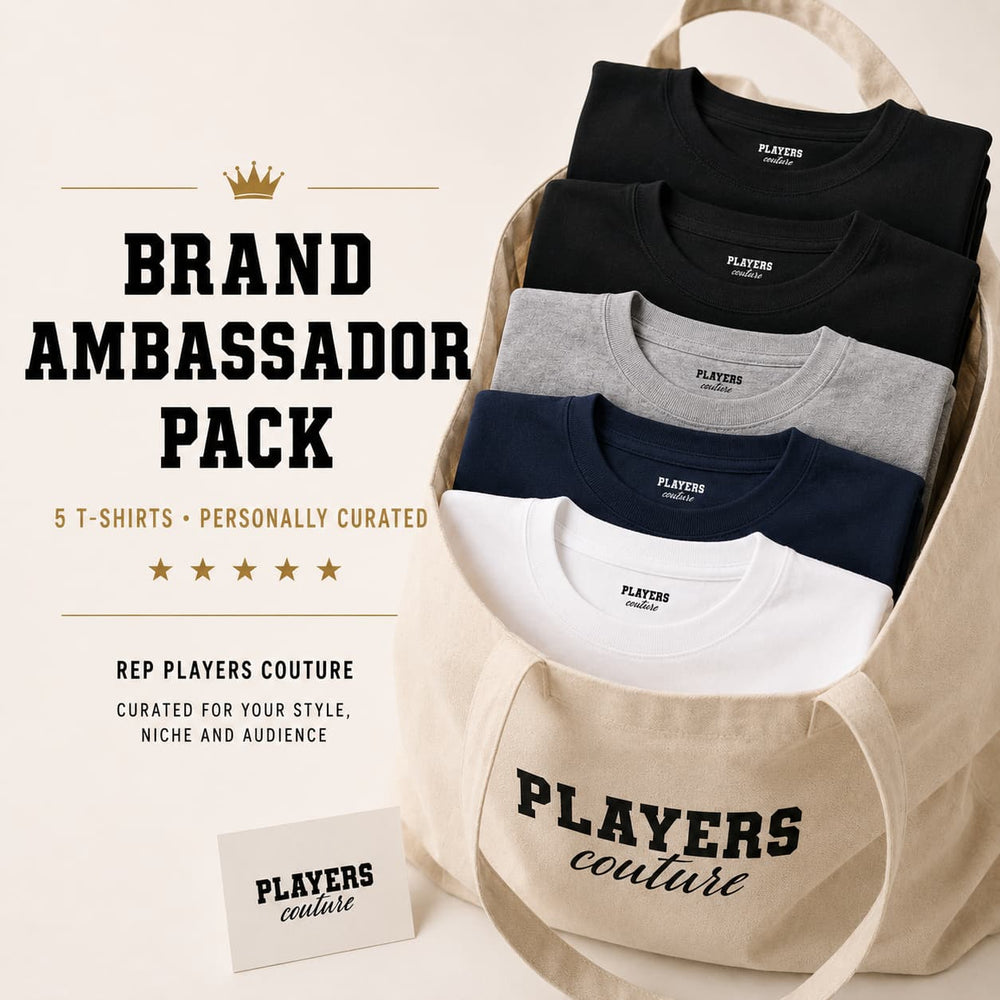 Collection of t-shirts in black, gray, and white with 'Players Couture' branding on a beige bag.