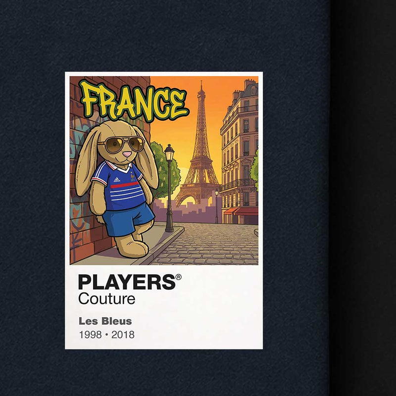 Cartoon rabbit character in a blue outfit with sunglasses, standing in front of the Eiffel Tower with 'France' text above.