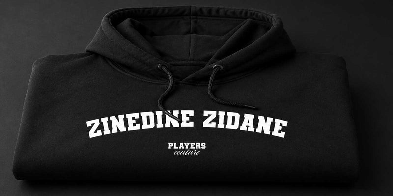 Black hoodie with 'Zinedine Zidane' text on a dark background