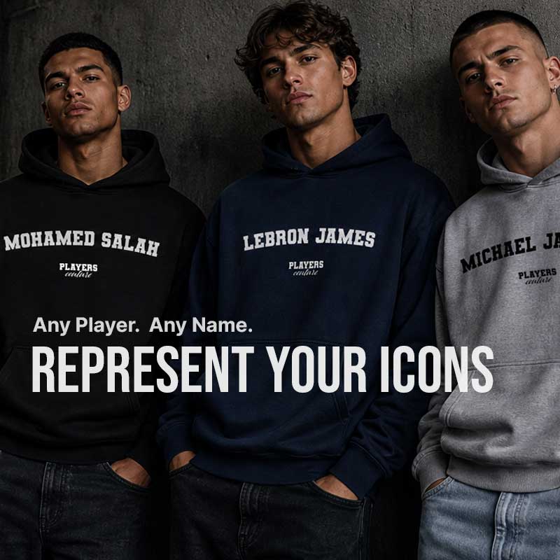 Three individuals wearing hoodies with player names on a dark background