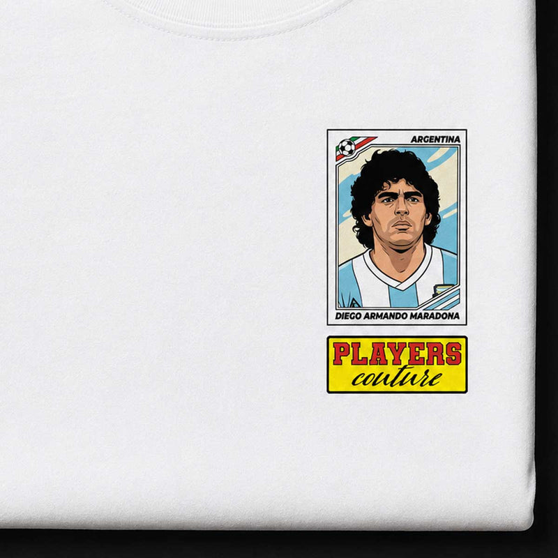 White t-shirt with a graphic of Diego Armando Maradona on a white background