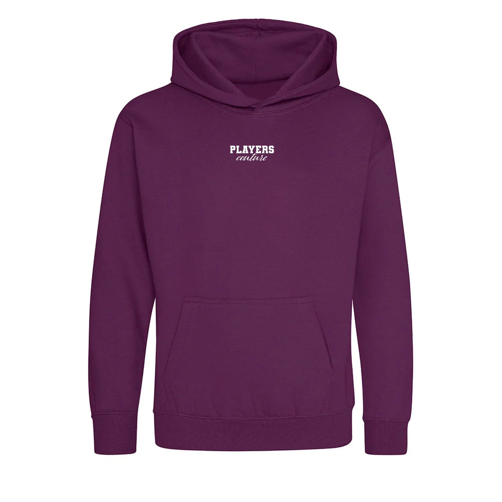 Essentials Collection hoodie – white kids' hoodie with black Essentials Collection letters and Players Couture logo on the
