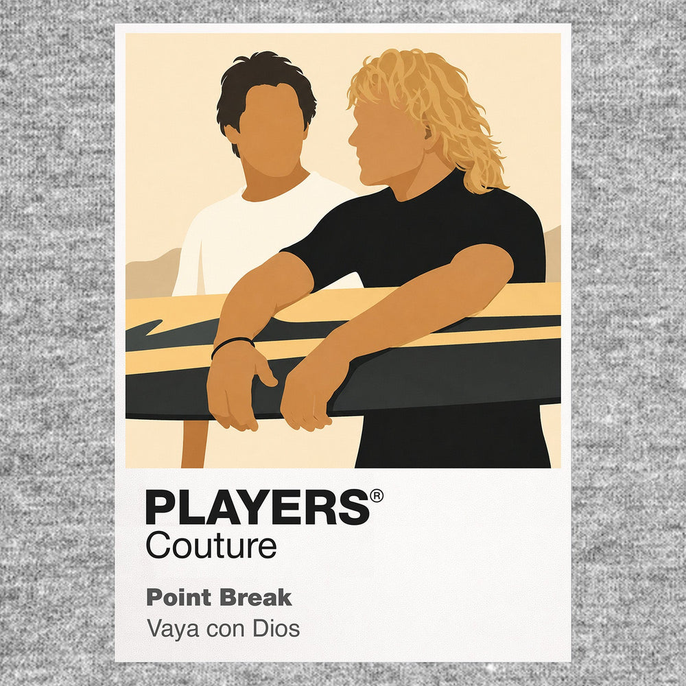 Point Break Bodhi and Johnny Utah carrying surfboards between ocean freedom and the masked Ex-Presidents robberies Icon Frame artwork in grey