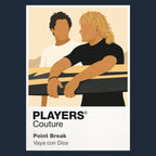 Point Break Bodhi and Johnny Utah carrying surfboards between ocean freedom and the masked Ex-Presidents robberies Icon Frame artwork in navy