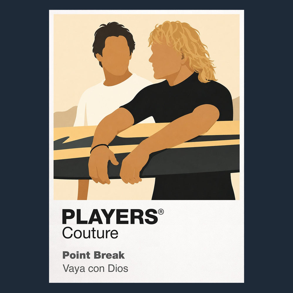 Point Break Bodhi and Johnny Utah carrying surfboards between ocean freedom and the masked Ex-Presidents robberies Icon Frame artwork in navy