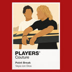 Point Break Bodhi and Johnny Utah carrying surfboards between ocean freedom and the masked Ex-Presidents robberies Icon Frame artwork in red