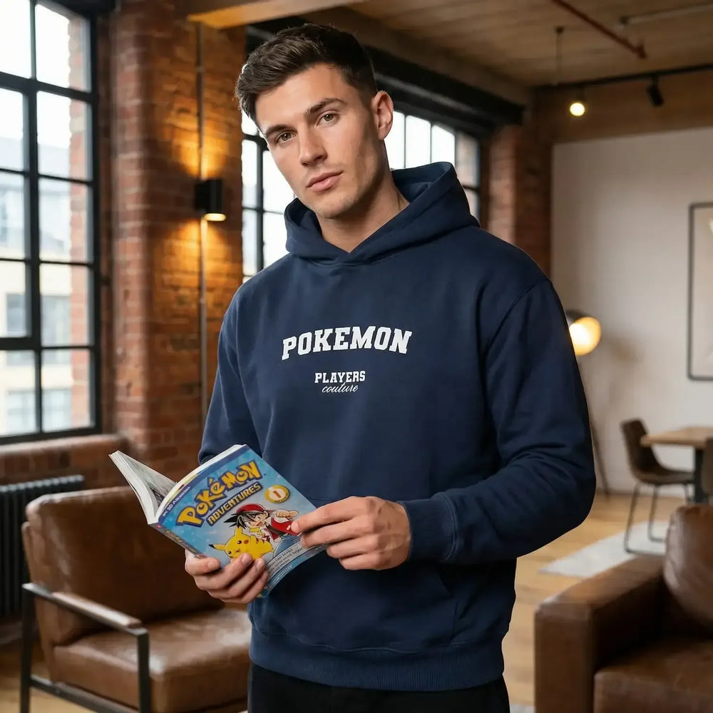 Pokemon hoodie – navy men's hoodie with white Pokemon letters and Players Couture logo on the chest