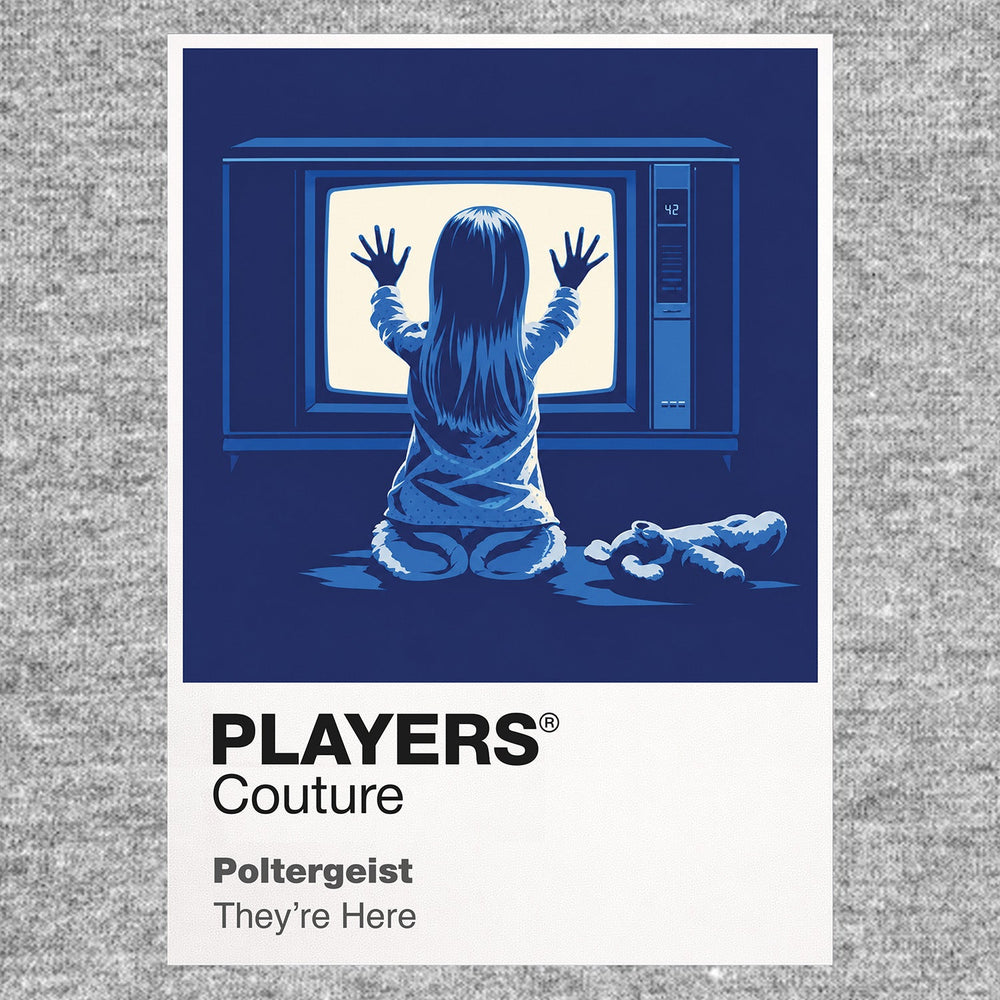 Poltergeist Carol Anne before the glowing television as supernatural light enters the suburban home Icon Frame artwork in grey