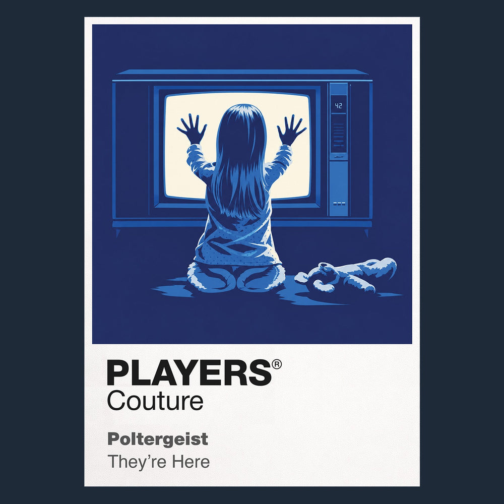 Poltergeist Carol Anne before the glowing television as supernatural light enters the suburban home Icon Frame artwork in navy