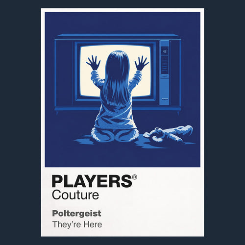 Poltergeist Carol Anne before the glowing television as supernatural light enters the suburban home Icon Frame artwork in navy